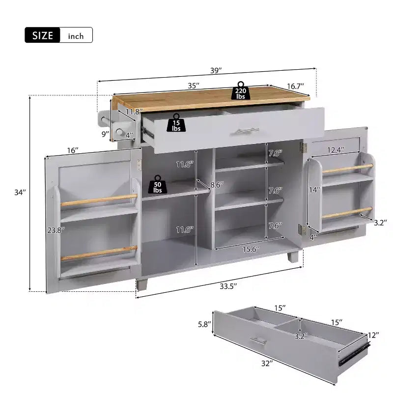 Carrello da cucina in stile rustico con isola su ruote, grigio/bianco, per uso singolo