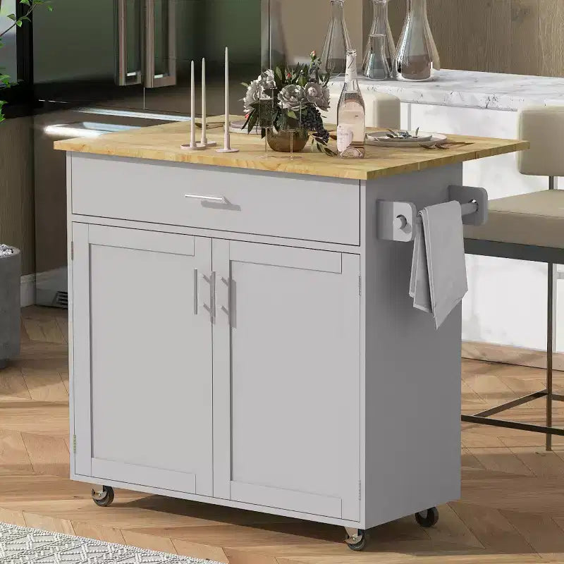 Carrello da cucina in stile rustico con isola su ruote, grigio/bianco, per uso singolo