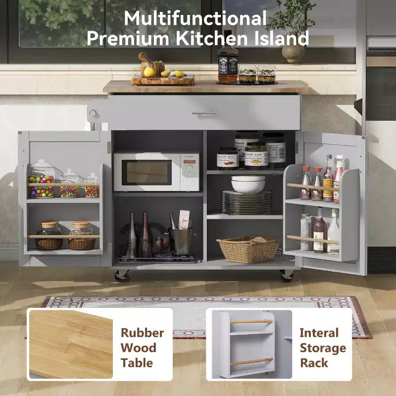 Carrello da cucina in stile rustico con isola su ruote, grigio/bianco, per uso singolo
