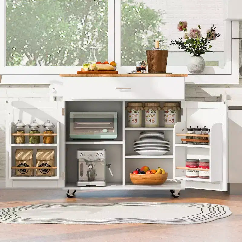 Carrello da cucina in stile rustico con isola su ruote, grigio/bianco, per uso singolo