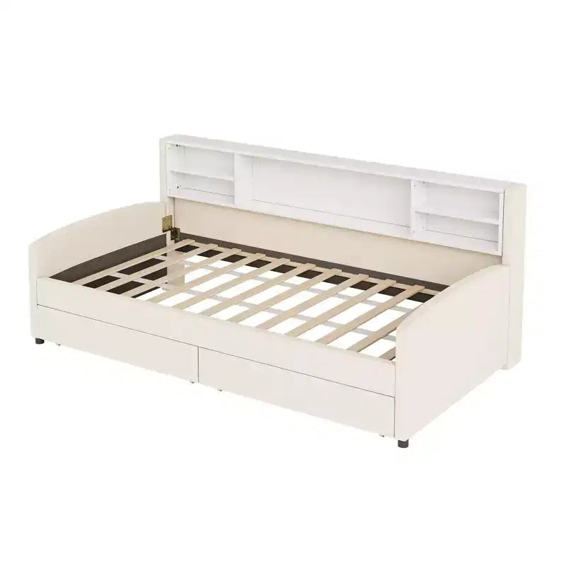 Lettino singolo in velluto beige/grigio con 2 cassetti portaoggetti, per 1