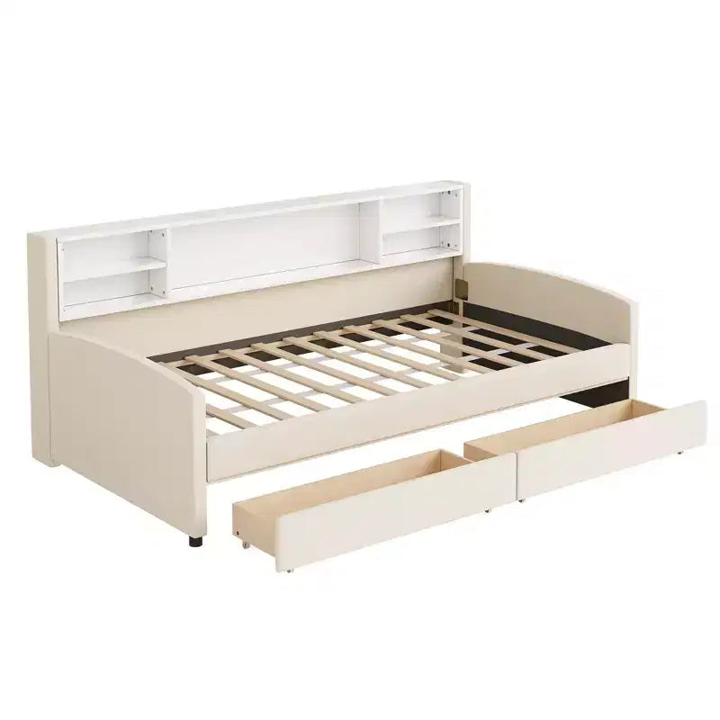 Lettino singolo in velluto beige/grigio con 2 cassetti portaoggetti, per 1