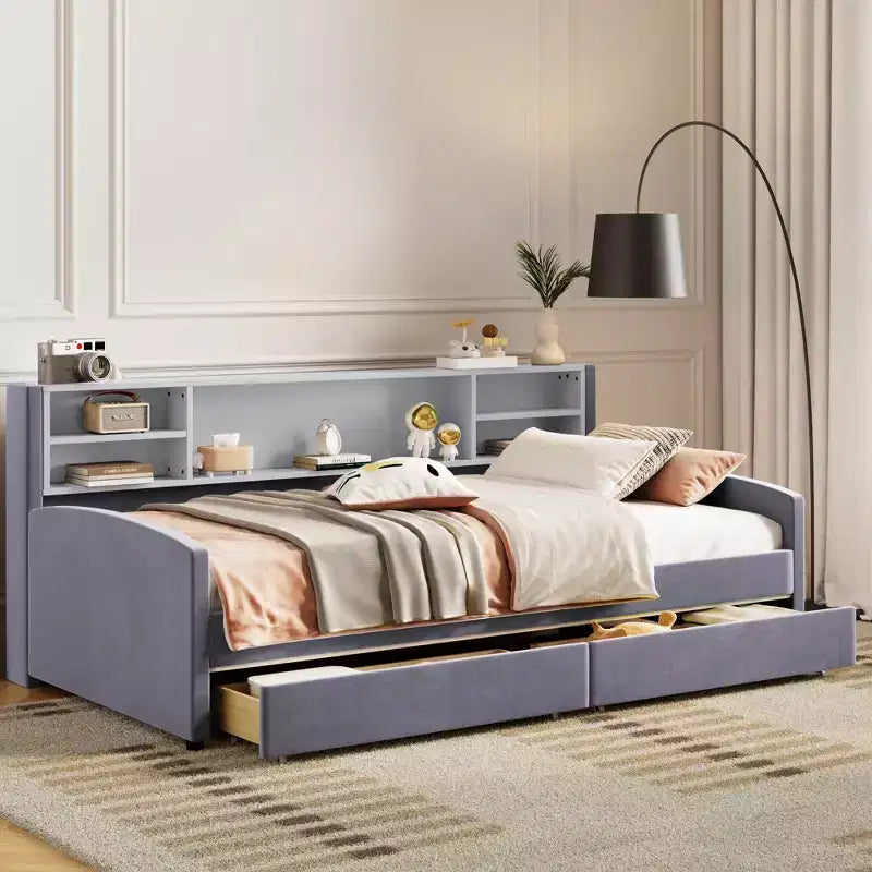 Lettino singolo in velluto beige/grigio con 2 cassetti portaoggetti, per 1