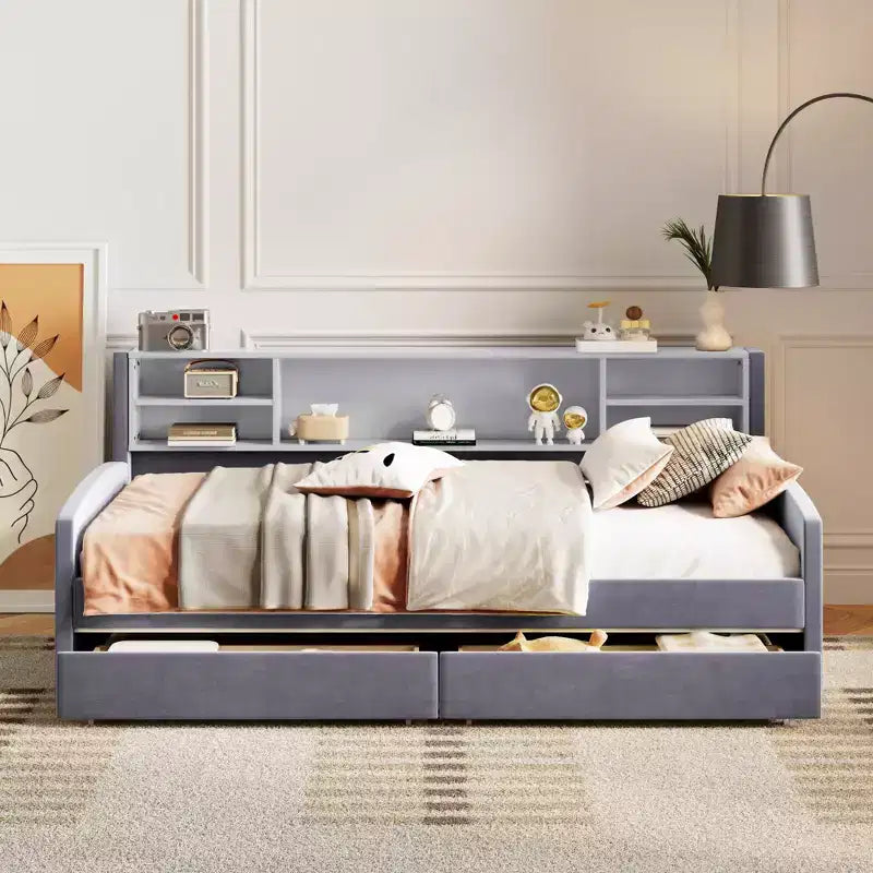 Lettino singolo in velluto beige/grigio con 2 cassetti portaoggetti, per 1