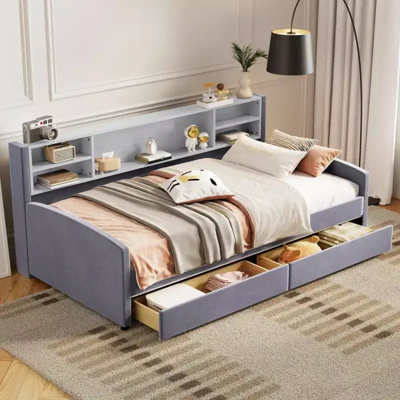 Lettino singolo in velluto beige/grigio con 2 cassetti portaoggetti, per 1