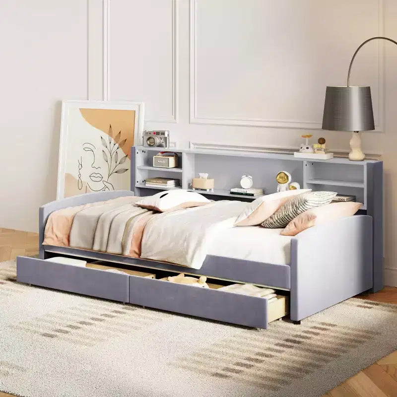 Lettino singolo in velluto beige/grigio con 2 cassetti portaoggetti, per 1