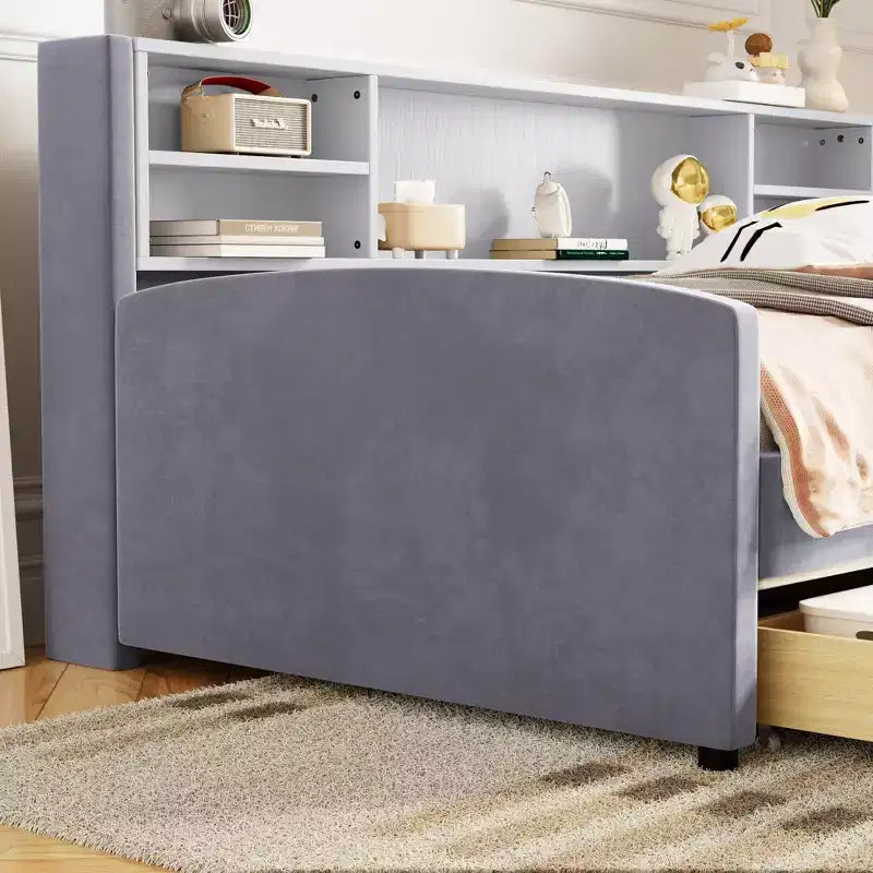 Lettino singolo in velluto beige/grigio con 2 cassetti portaoggetti, per 1