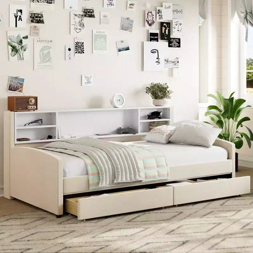 Lettino singolo in velluto beige/grigio con 2 cassetti portaoggetti, per 1