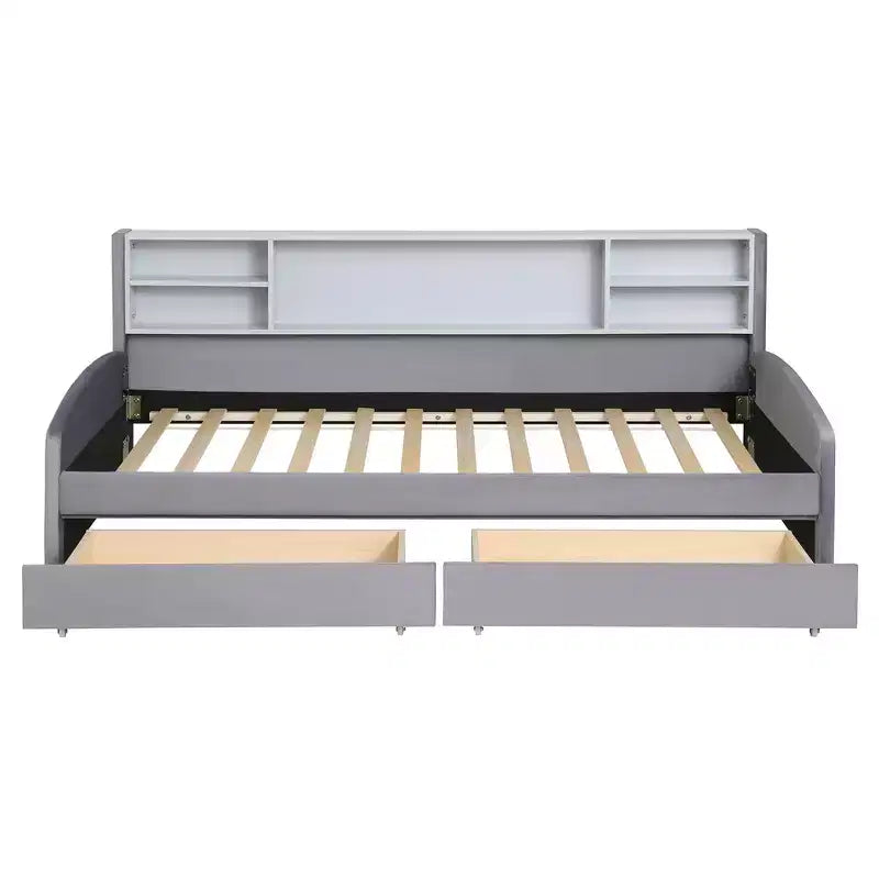 Lettino singolo in velluto beige/grigio con 2 cassetti portaoggetti, per 1