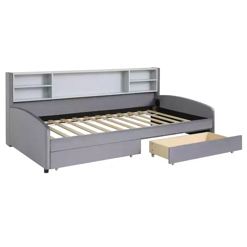 Lettino singolo in velluto beige/grigio con 2 cassetti portaoggetti, per 1