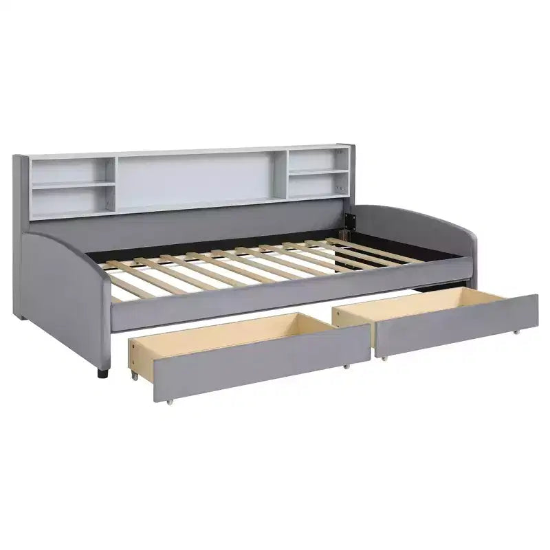 Lettino singolo in velluto beige/grigio con 2 cassetti portaoggetti, per 1
