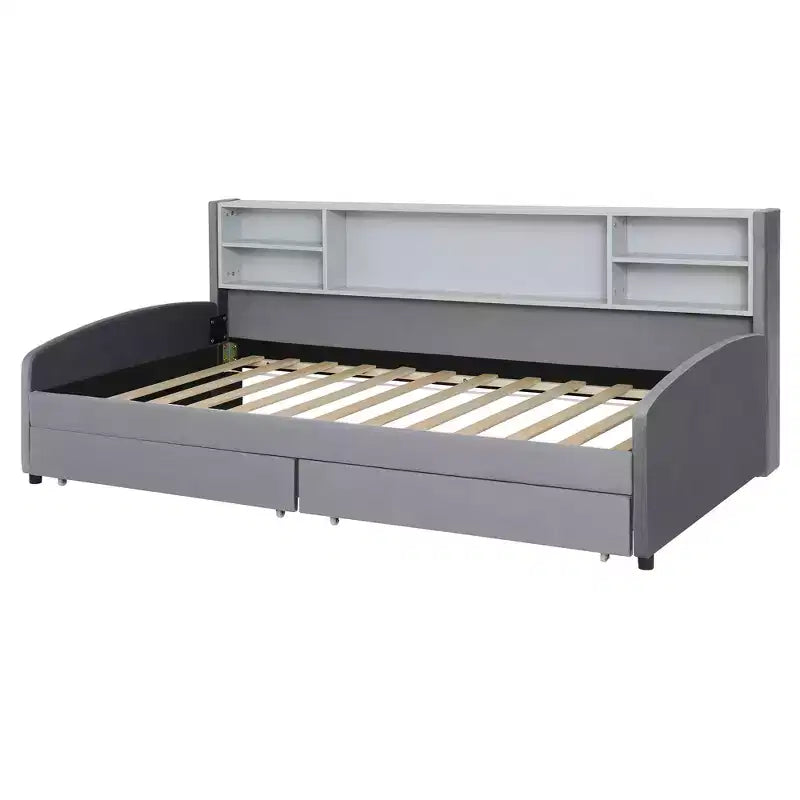 Lettino singolo in velluto beige/grigio con 2 cassetti portaoggetti, per 1