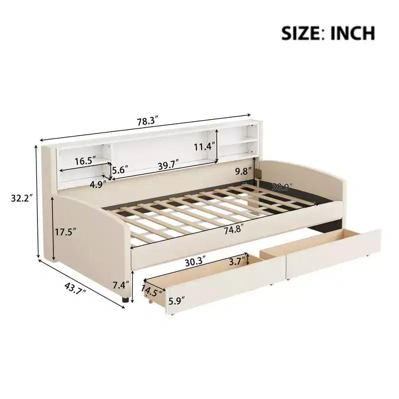 Lettino singolo in velluto beige/grigio con 2 cassetti portaoggetti, per 1