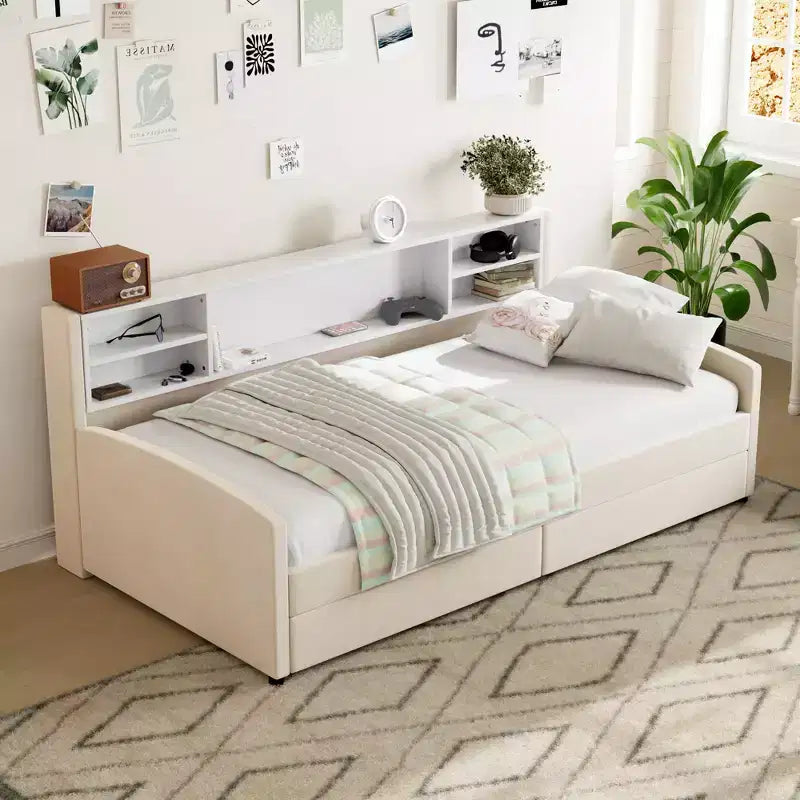 Lettino singolo in velluto beige/grigio con 2 cassetti portaoggetti, per 1