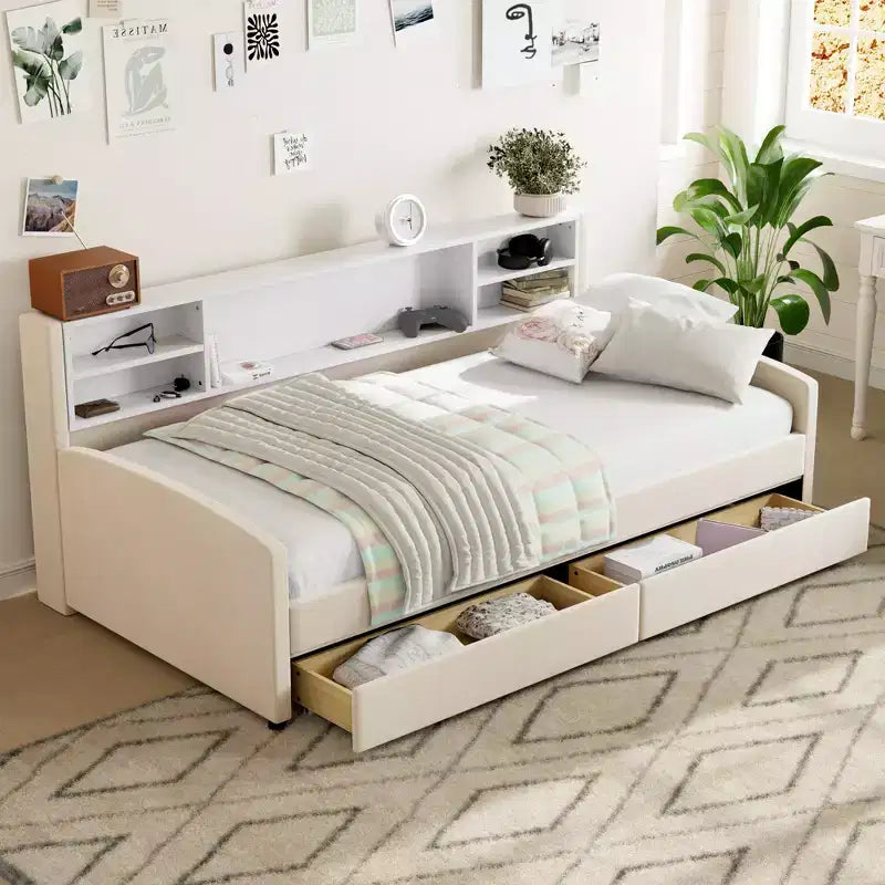 Lettino singolo in velluto beige/grigio con 2 cassetti portaoggetti, per 1