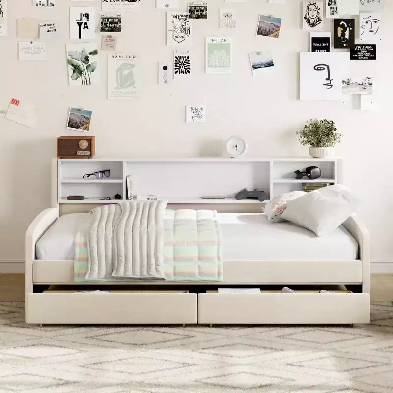 Lettino singolo in velluto beige/grigio con 2 cassetti portaoggetti, per 1