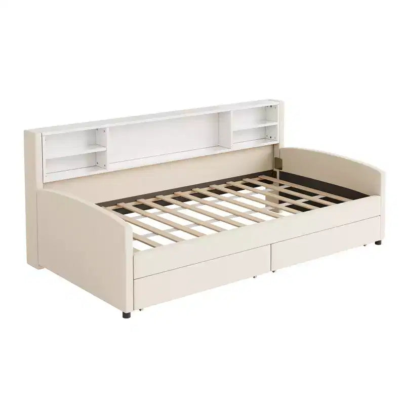 Lettino singolo in velluto beige/grigio con 2 cassetti portaoggetti, per 1