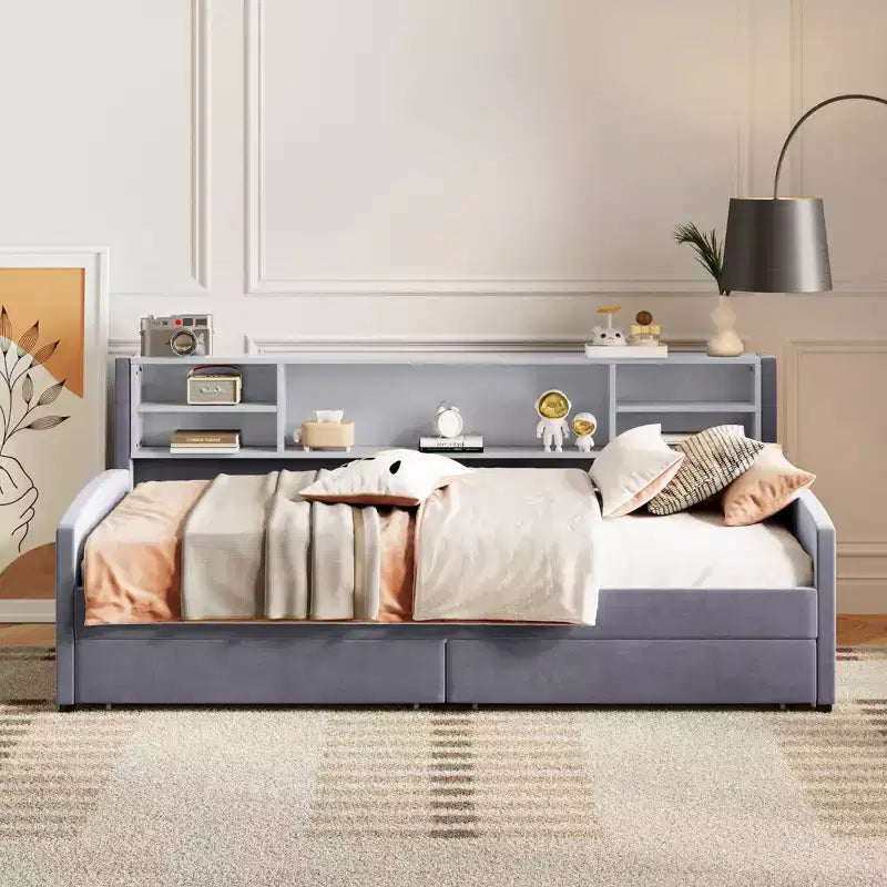 Lettino singolo in velluto beige/grigio con 2 cassetti portaoggetti, per 1