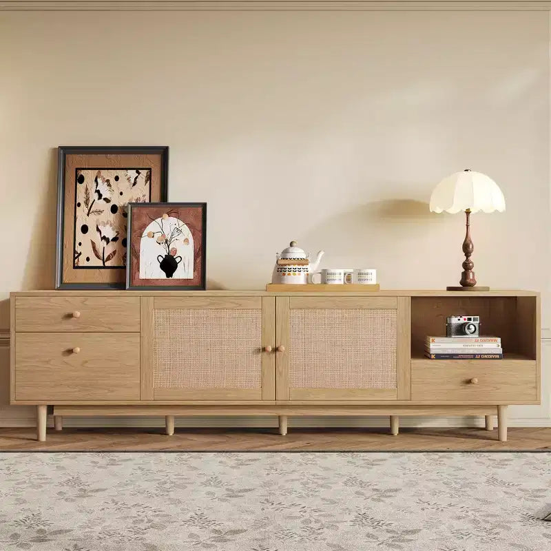 Mobile TV in Rattan Naturale, Stile Bohemien, Adatto per TV fino a 85"