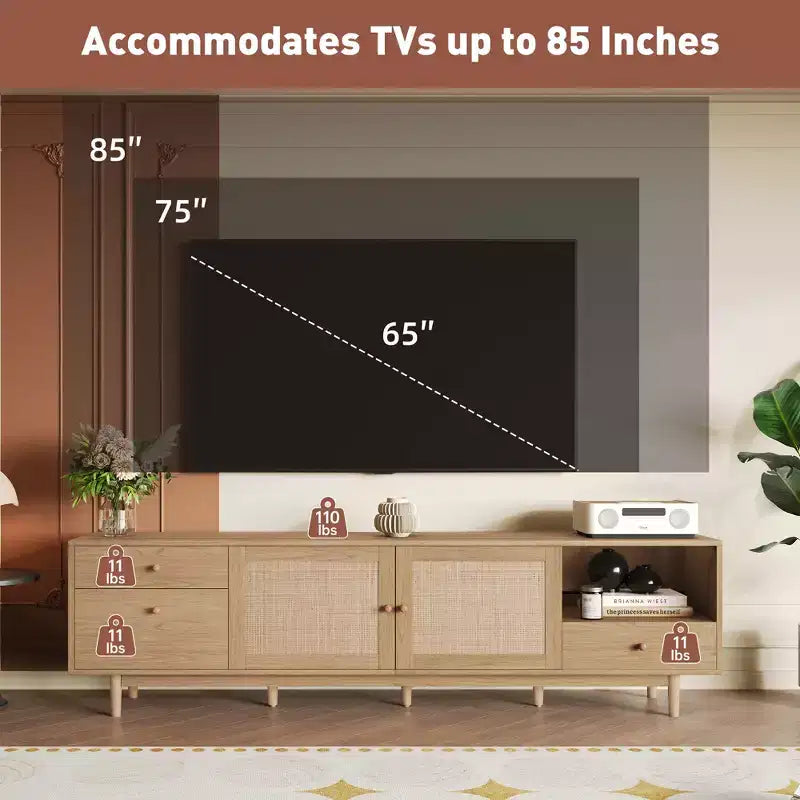 Mobile TV in Rattan Naturale, Stile Bohemien, Adatto per TV fino a 85"
