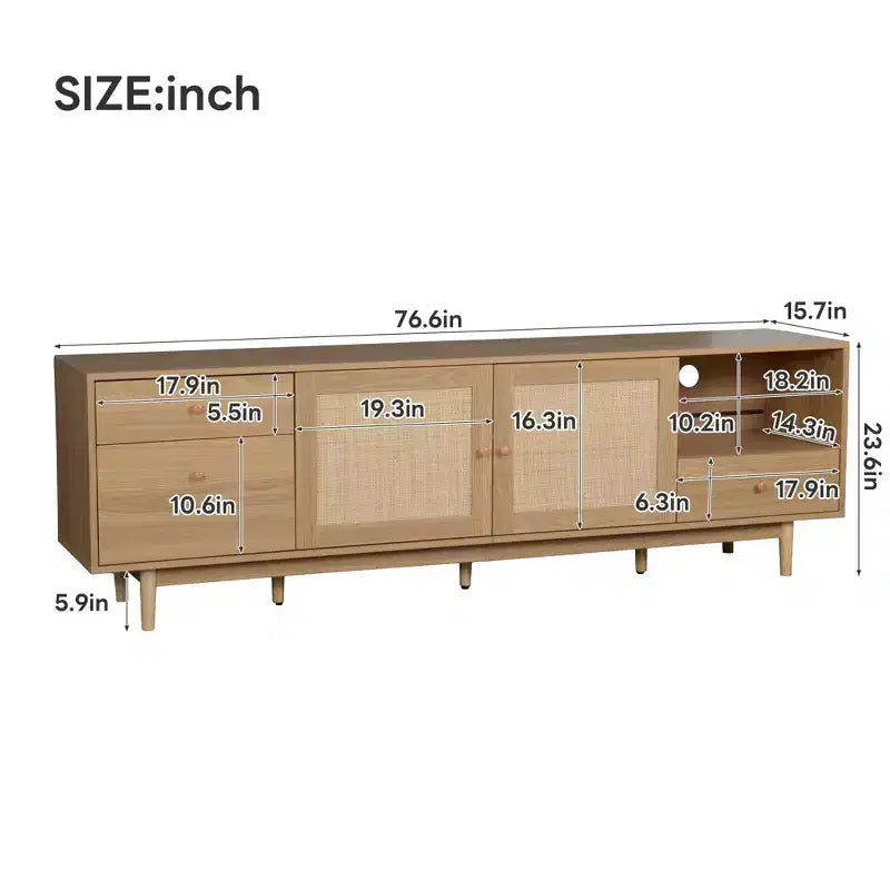 Mobile TV in Rattan Naturale, Stile Bohemien, Adatto per TV fino a 85"