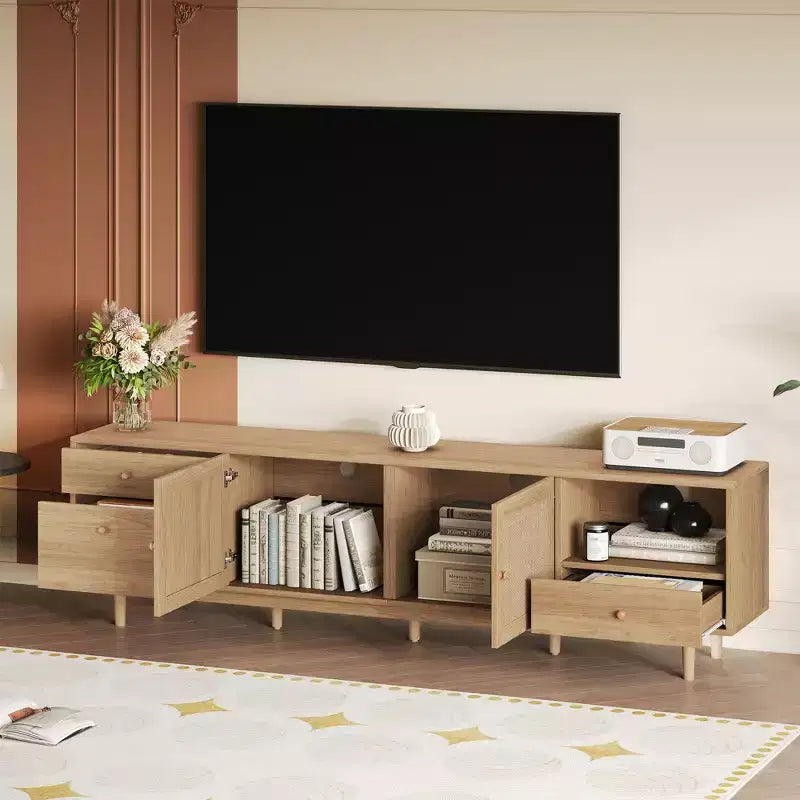 Mobile TV in Rattan Naturale, Stile Bohemien, Adatto per TV fino a 85"