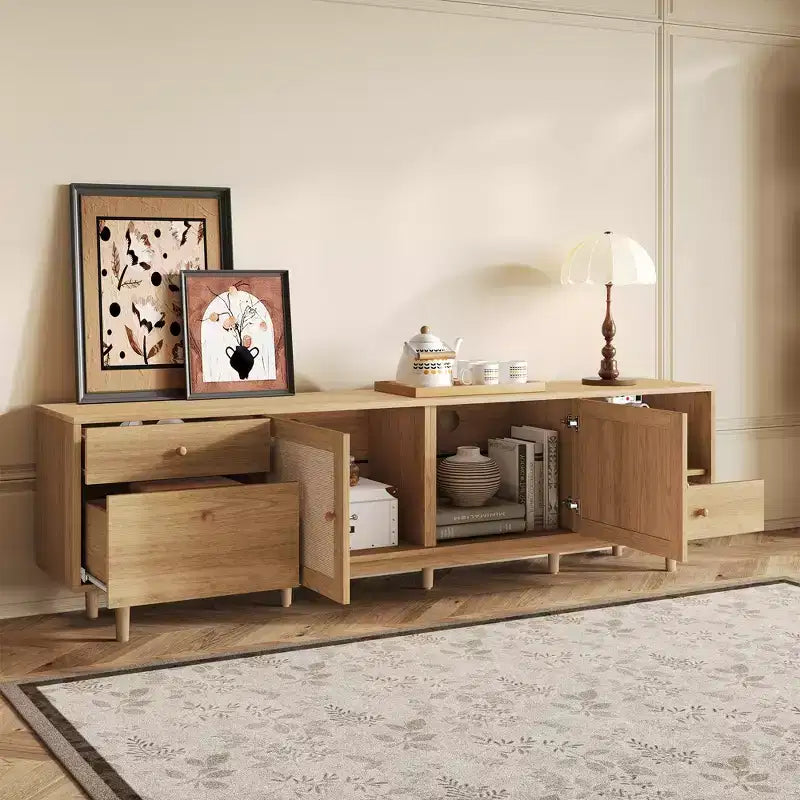 Mobile TV in Rattan Naturale, Stile Bohemien, Adatto per TV fino a 85"